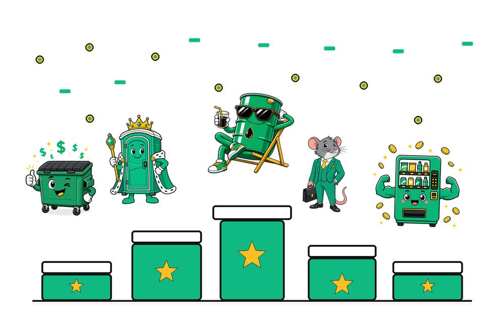 The UglyProfitable hall of fame: a dumpster, a porta-potty, a grease barrel, a rat in a suit and a vending machine on a winners' podium